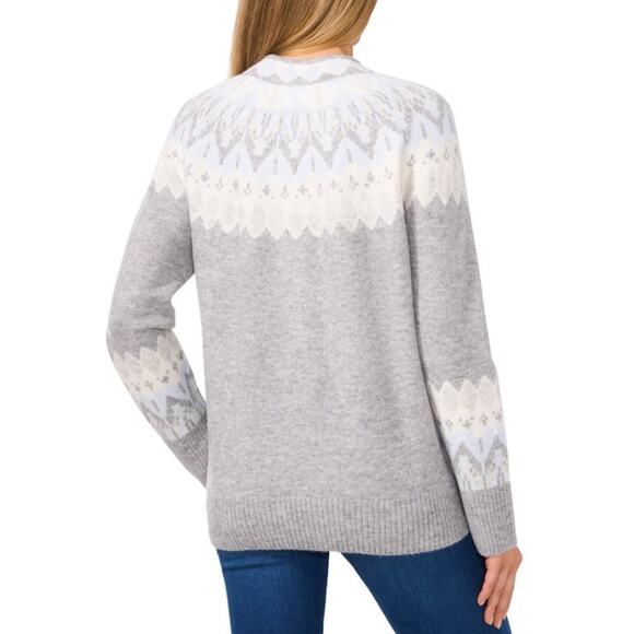 CeCe Women's Fair Isle Long Sleeve Mock Neck Sweater Light Heather Grey SIze M - Picture 3 of 3